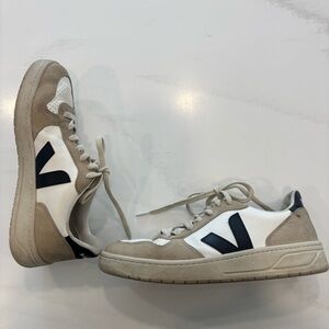 Veja V-10 White, black, and sahara Sneakers with Black Logo
